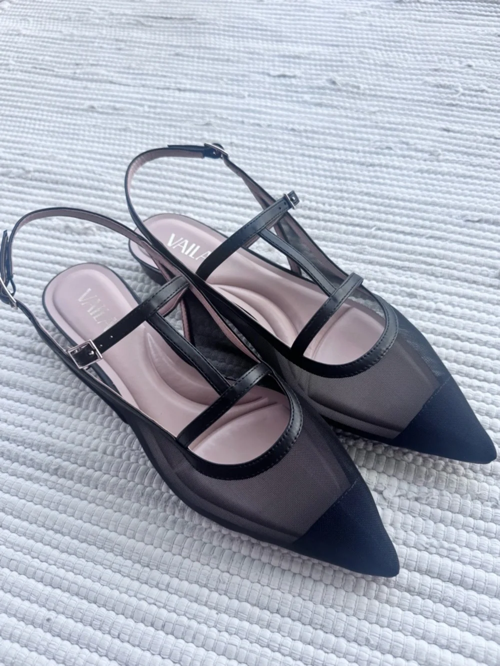 Vaila Luna Black Mesh Pointed Slingback Flats